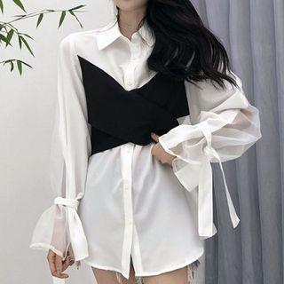 Mock Two-piece Chiffon Long-sleeve Top White - One Size