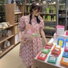 Puff-sleeve Floral Mini A-line Dress Tangerine & Pink & Green & White - One Size