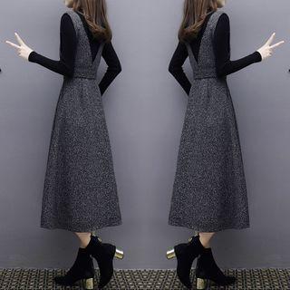 Set: Plain Long-sleeve Knit Top + Midi Jumper Dress