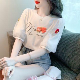 Puff-sleeve Mesh Panel Flower Applique T-shirt