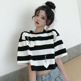 Short-sleeve Striped Cropped T-shirt Stripes - Black & White - One Size
