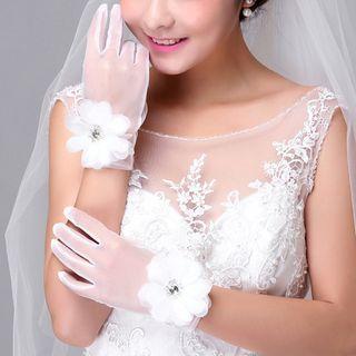 Flower Accent Wedding Gloves Silver - One Size