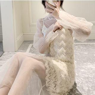 Set: Bell-sleeve Midi Mesh Dress + Spaghetti Strap Midi Dress Set - Midi Skirt - White - One Size / Starp Dress - Almond - One Size