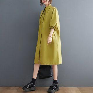 Puff-sleeve Plain Shirt Dress Green - One Size