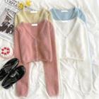 Long-sleeve Plain V-neck Knit Cropped Cardigan
