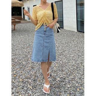 Plus Size Slit A-line Midi Denim Skirt