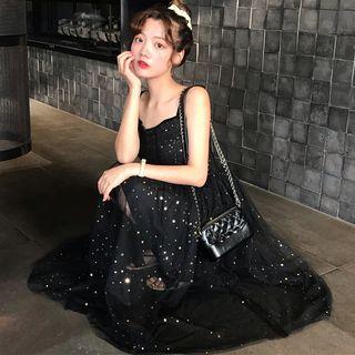 Spaghetti Strap Midi Mesh Dress Black - One Size