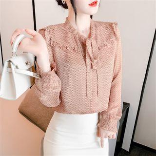 Frill Trim Lace-up Dotted Chiffon Blouse