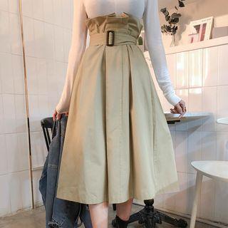 Belted Paperbag-waist Long Flare Skirt