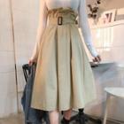 Belted Paperbag-waist Long Flare Skirt
