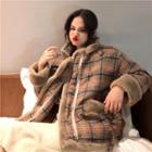 Stand Collar Furry-trim Plaid Zip Jacket As Shown In Figure - One Size