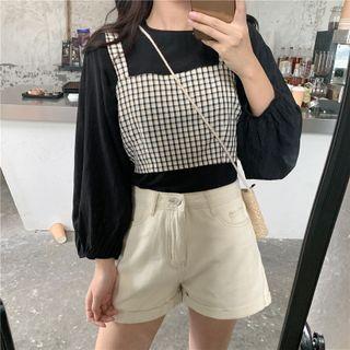 Set: Puff-sleeve Plain Blouse + Plaid Camisole Top