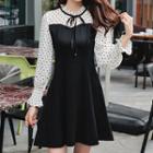 Long-sleeve Doted Panel A-line Mini Dress