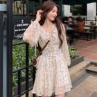 Balloon-sleeve Floral Print Mini A-line Dress / Corset Belt