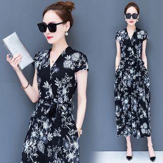 Short-sleeve Print Cropped Wide-leg Jumpsuit