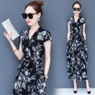 Short-sleeve Print Cropped Wide-leg Jumpsuit