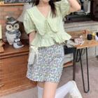 V-neck Puff-sleeve Blouse / Floral A-line Skirt