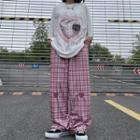 High-waist Drawstring Heart Embroidered Loose Fit Pants