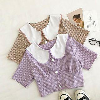 Color-block Plaid Peter-pan Collar Short-sleeve Blouse