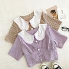 Color-block Plaid Peter-pan Collar Short-sleeve Blouse