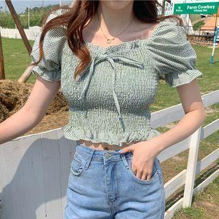 Short-sleeve Smocked Plaid Blouse