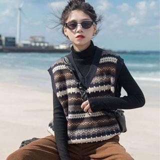 Turtleneck Plain T-shirt / Pattern Knit Vest / Corduroy Wide-leg Pants / Set