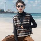 Turtleneck Plain T-shirt / Pattern Knit Vest / Corduroy Wide-leg Pants / Set