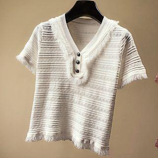 Fringed Trim Short-sleeve Knit Top