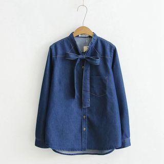 Long-sleeve Tie-neck Denim Blouse
