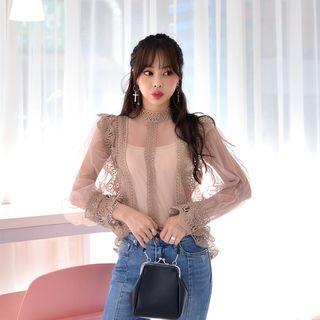 Set: Crochet Lace-trim Sheer Blouse + Camisole Top