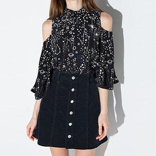 Galaxy Print Cold Shoulder Blouse