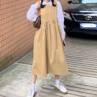 Plain Long-sleeve Shirt / Oversize Jumper Dress / Gingham Bow