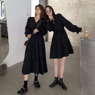 V-neck Plain Pleated A-line Dress