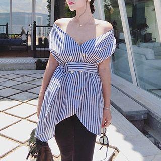 V-neck Off-shoulder Pinstriped Top