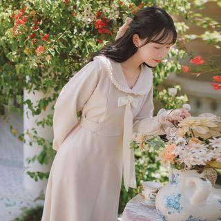 Long-sleeve Collared Ribbon Midi A-line Dress