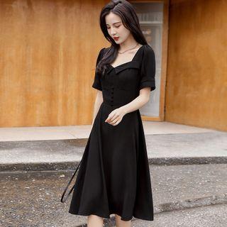 Short-sleeve Square-neck Plain A-line Dress