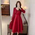 Long-sleeve Square-neck Twist Midi A-line Dress