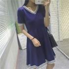 Striped V-neck A-line Dress