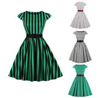 Cap-sleeve Belted Midi A-line Dress (various Designs)