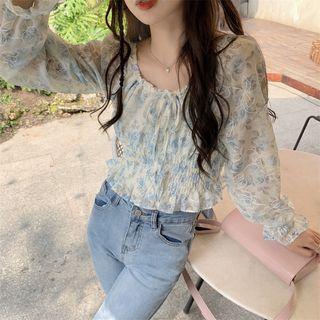 Puff-sleeve Floral Ruched Shirt