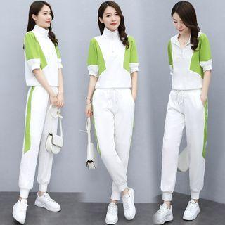 Set: Short Sleeve Half-zip Two Tone Top + Drawstring Sweatpants