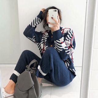 Set: V-neck Checked Cardigan + Band-waist Knit Pants