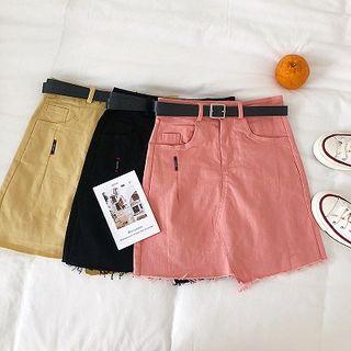 Asymmetric Frayed High-waist A-line Skirt With Belt