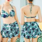 Set: Leaf Print Bikini + Cover-up Top + Shorts