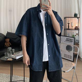 Pocket Detail Elbow-sleeve Denim Shirt