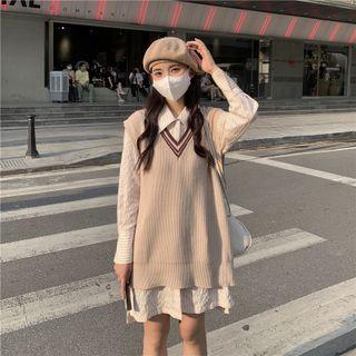 Contrast Trim Sweater Vest / Long-sleeve Striped Mini Shirtdress