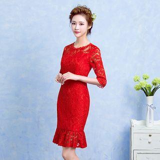 Elbow Sleeve Sheath Lace Cocktail Dress