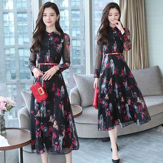 Long-sleeve Printed Midi Chiffon A-line Dress