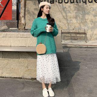 Plain Sweater / Polka Dot Midi A-line Mesh Skirt / Set