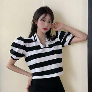 Striped Collared Puff-sleeve T-shirt Stripes - Black & White - One Size